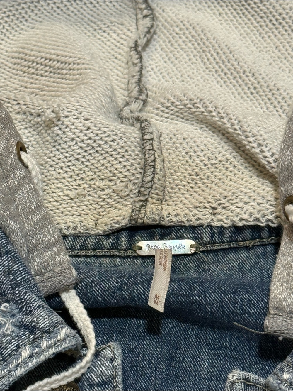 Free People Denim Hoodie Jacket M Distressed Knit Sleeve Jacket - Picture 12 of 16
